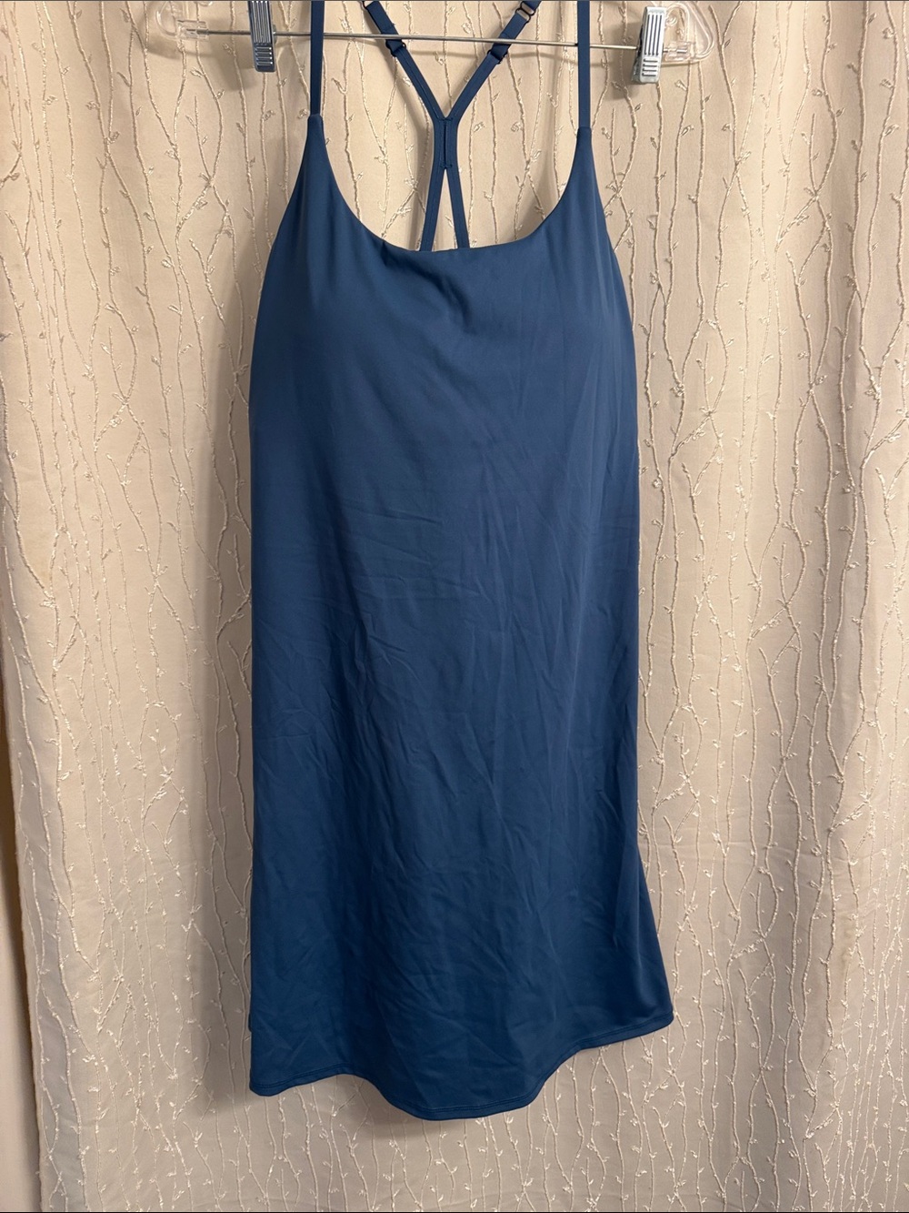 Halara smoky Blue Strappy Slip Dress with biker shorts